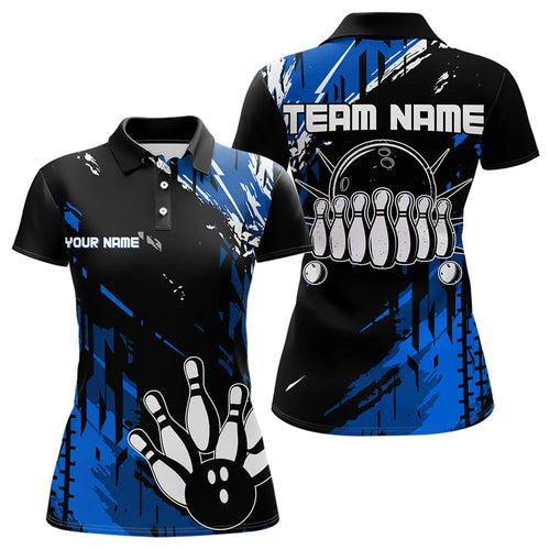Black and Blue Womens bowling shirts Custom retro bowling ball and pins bowling team league jerseys NQS9474
