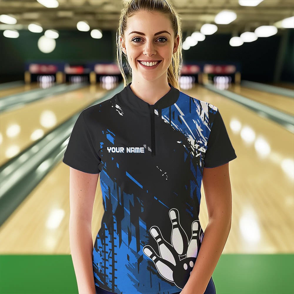 Black and Blue Womens bowling shirts Custom retro bowling ball and pins bowling team league jerseys NQS9474