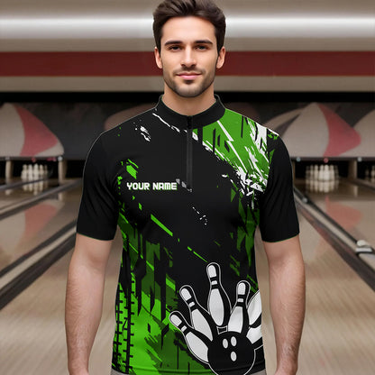 Black and Green Mens bowling shirts Custom retro bowling ball and pins bowling team league jerseys NQS9475