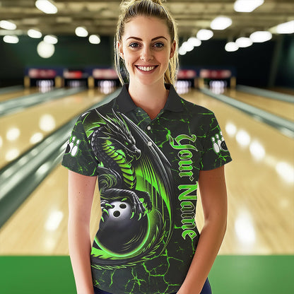 Black And Green Custom Dragon Bowling Shirts For Women, Dragon Bowling Team Shirts NQS9477