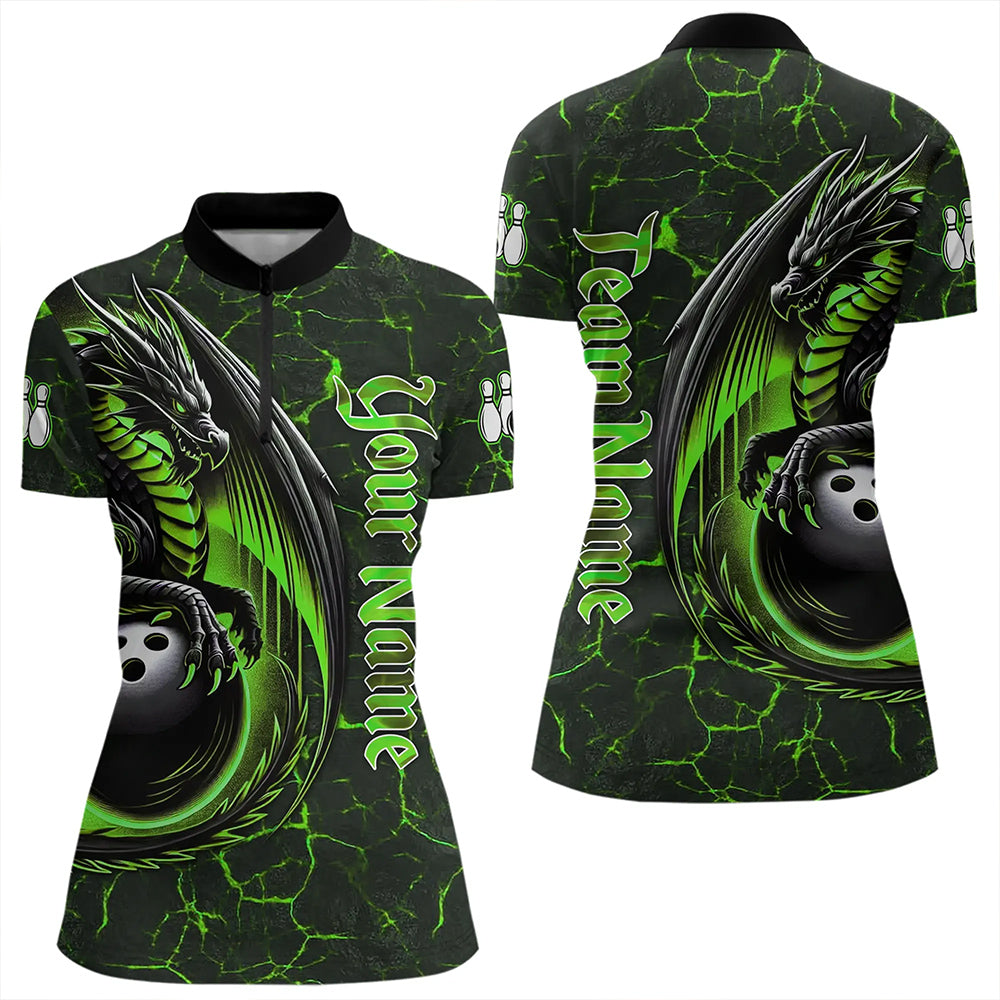 Black And Green Custom Dragon Bowling Shirts For Women, Dragon Bowling Team Shirts NQS9477