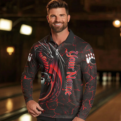 Black And Red Custom Dragon Bowling Shirts For Men, Dragon Bowling Team Shirts NQS9478