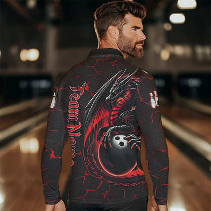 Black And Red Custom Dragon Bowling Shirts For Men, Dragon Bowling Team Shirts NQS9478
