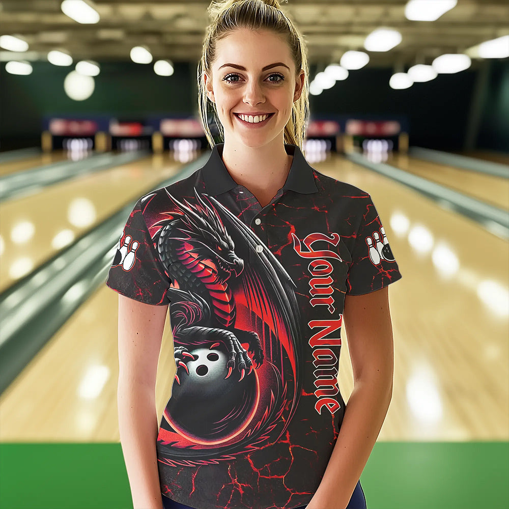 Black And Red Custom Dragon Bowling Shirts For Women, Dragon Bowling Team Shirts NQS9478