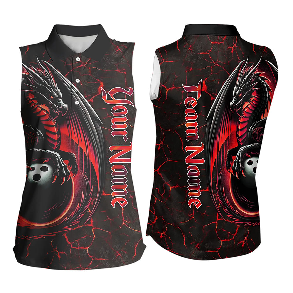 Black And Red Custom Dragon Bowling Sleeveless Polo Shirts For Women, Dragon Bowling Team Shirts NQS9478