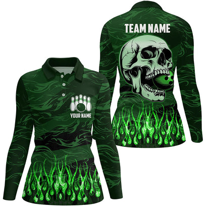 Women bowling polo shirts Custom Green camo Flame Skull Bowling Team Jerseys, gift for Bowlers NQS7431