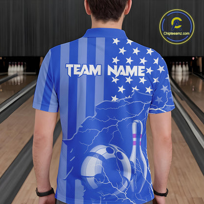 Personalized Blue American flag Lightning thunder Custom Bowling Team Shirts For Mens Bowling Jersey NQS9857