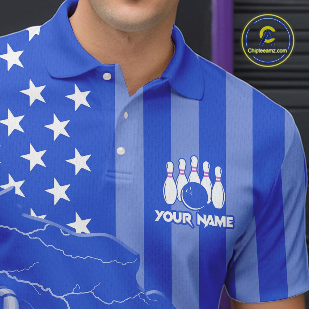 Personalized Blue American flag Lightning thunder Custom Bowling Team Shirts For Mens Bowling Jersey NQS9857
