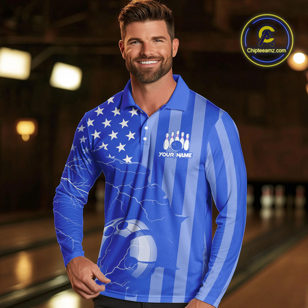 Personalized Blue American flag Lightning thunder Custom Bowling Team Shirts For Mens Bowling Jersey NQS9857