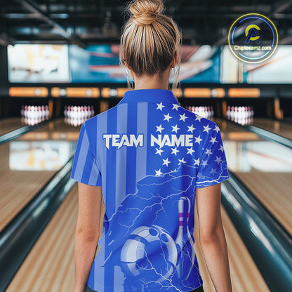 Personalized Blue American flag Lightning thunder Custom Bowling Team Shirts For Women Bowling Jersey NQS9857