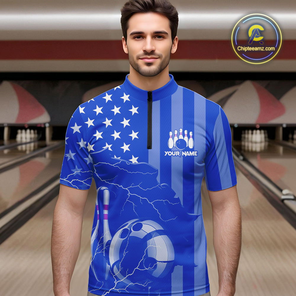 Personalized Blue American flag Lightning thunder Custom Bowling Team Shirts For Mens Bowling Jersey NQS9857
