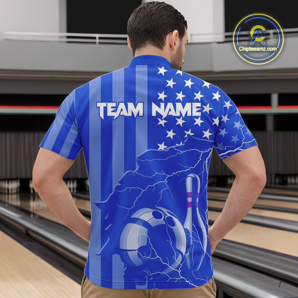 Personalized Blue American flag Lightning thunder Custom Bowling Team Shirts For Mens Bowling Jersey NQS9857