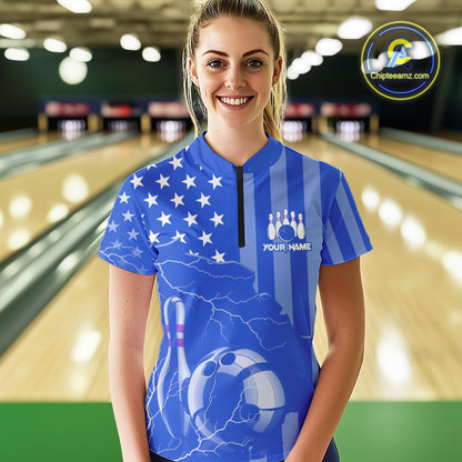 Personalized Blue American flag Lightning thunder Custom Bowling Team Shirts For Women Bowling Jersey NQS9857