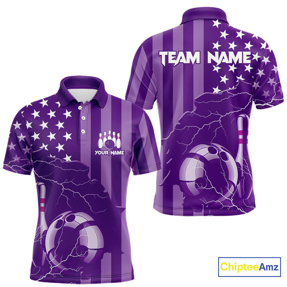 Personalized Purple American flag Lightning thunder Custom Bowling Team Shirts For Mens Bowling Jersey NQS9858
