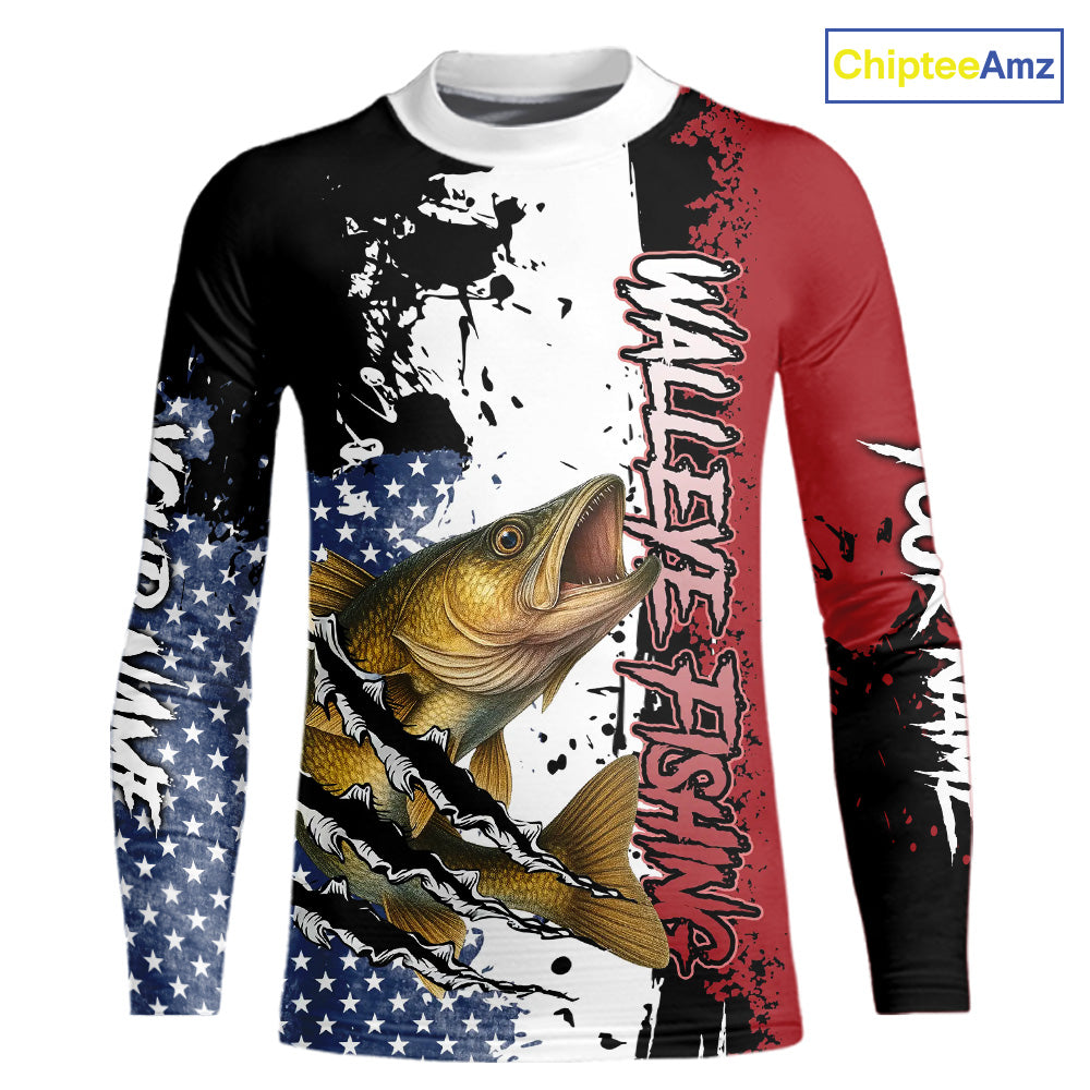 Red, white and blue Walleye fishing American Flag Custom patriotic Walleye fishing jerseys NQS9859