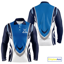 Load image into Gallery viewer, Blue and white Mens golf polo shirts custom golf attire for men, gifts for golf lovers NQS10085