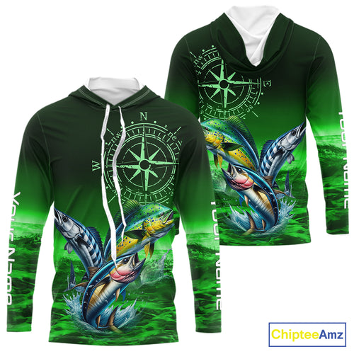 Personalized Mahi Mahi, Wahoo, Tuna Green Performance Fishing Shirt,compass offshore tournament Shirt NQS10234