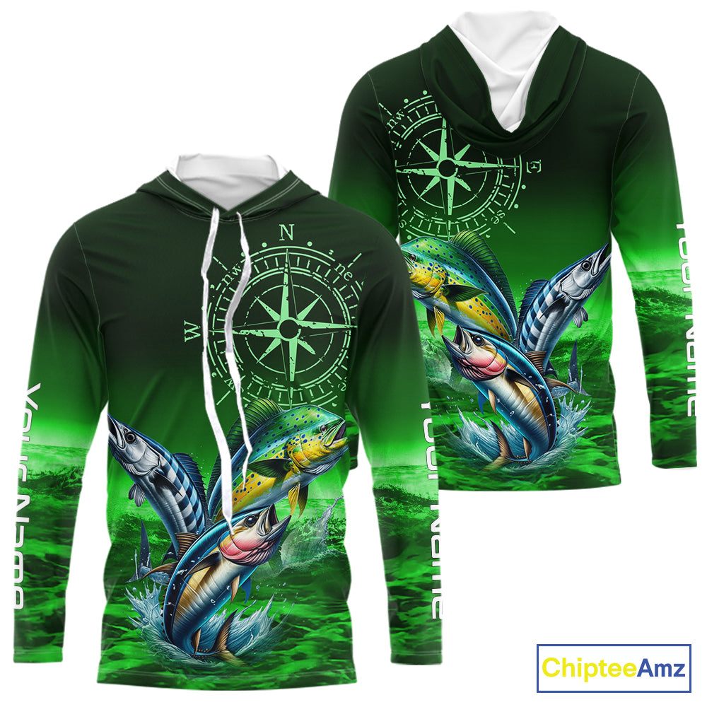 Personalized Mahi Mahi, Wahoo, Tuna Green Performance Fishing Shirt,compass offshore tournament Shirt NQS10234