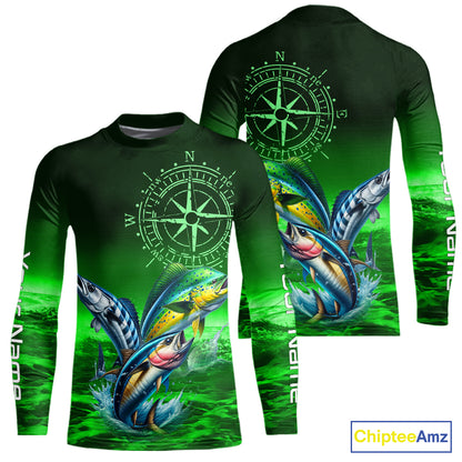 Personalized Mahi Mahi, Wahoo, Tuna Green Performance Fishing Shirt,compass offshore tournament Shirt NQS10234