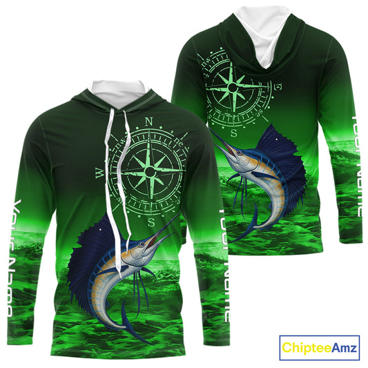 Personalized Sailfish Green Performance Fishing Shirts, compass Sailfish fishing tournament Shirts NQS10235