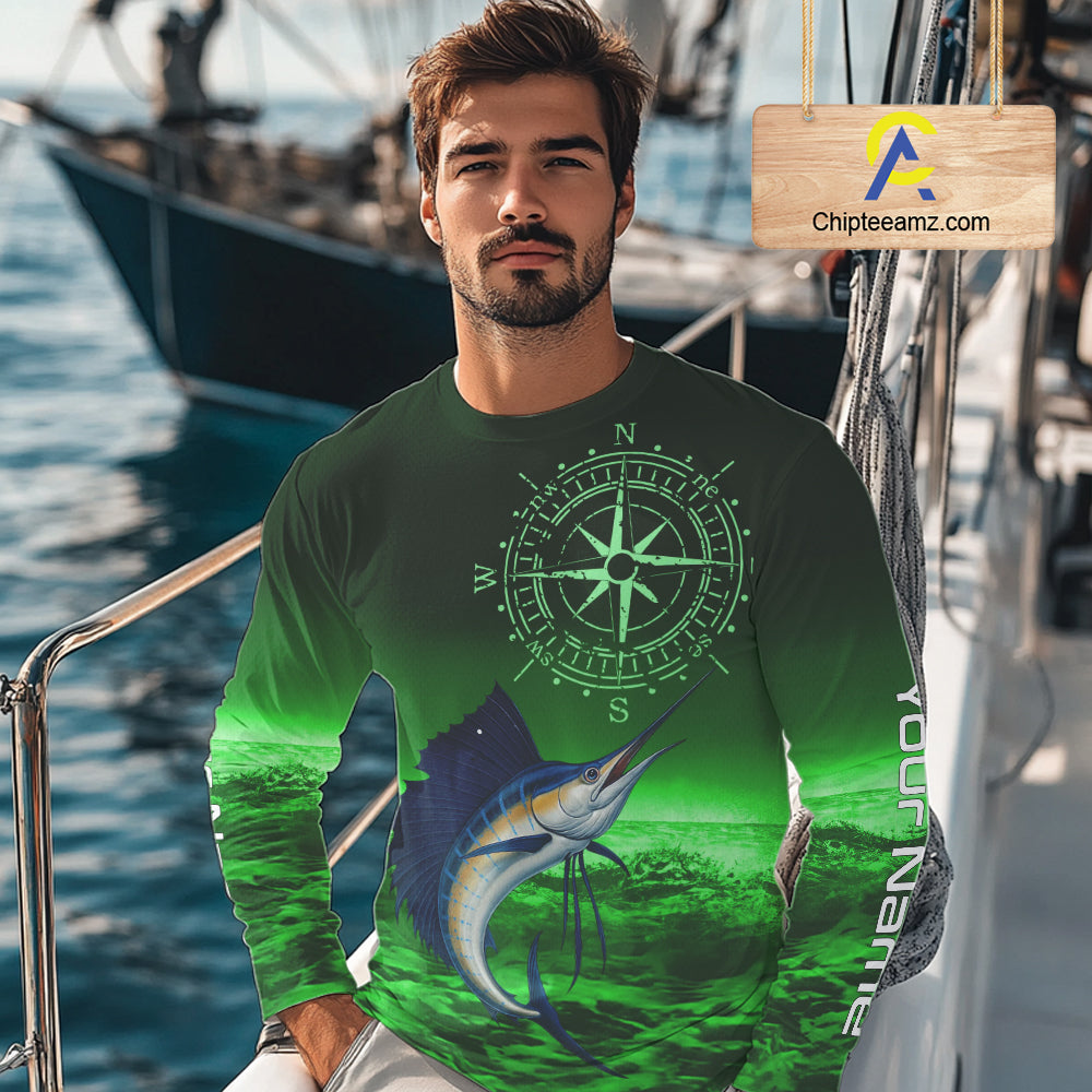 Personalized Sailfish Green Performance Fishing Shirts, compass Sailfish fishing tournament Shirts NQS10235