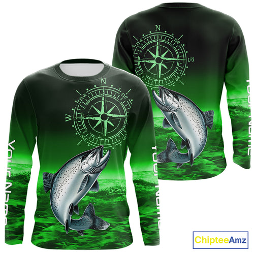 Personalized Salmon Green Performance Fishing Shirts, compass Salmon fishing tournament Shirts NQS10237
