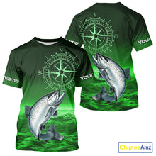 Load image into Gallery viewer, Personalized Salmon Green Performance Fishing Shirts, compass Salmon fishing tournament Shirts NQS10237