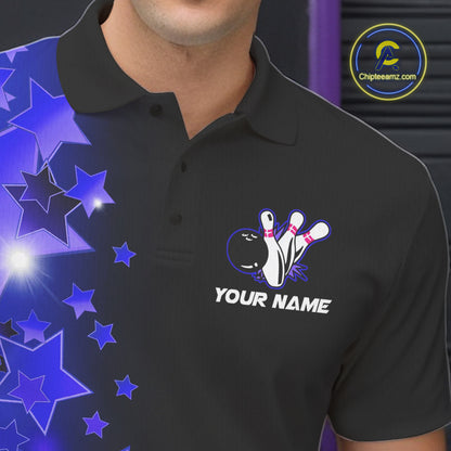 Men bowling Polo, Quarter Zip shirts Custom Blue Stars Bowling Team Bowlers Jersey NQS10598