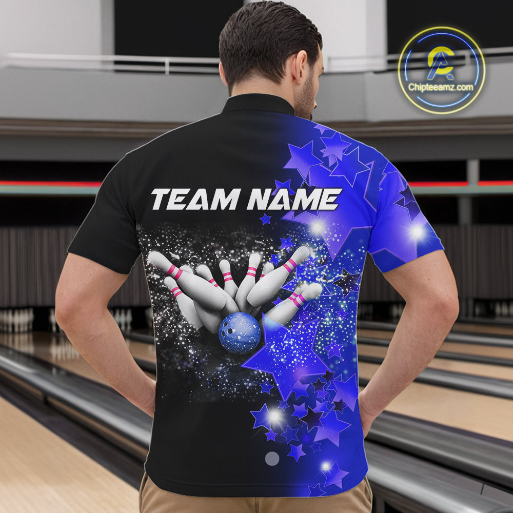 Men bowling Polo, Quarter Zip shirts Custom Blue Stars Bowling Team Bowlers Jersey NQS10598