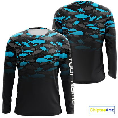Fishing black and blue camouflage UV long sleeve hooded camo fishing shirts Custom fishing apparel NQS10600