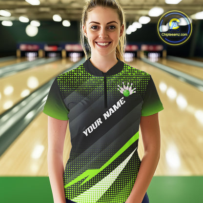 Green Bowling Custom Women Bowling Polo, Quarter zip Shirts Bowling Team Jerseys Bowling Tournament NQS10604