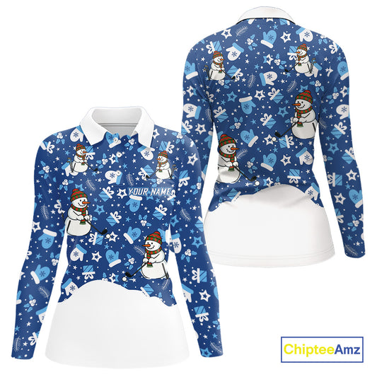Blue and White Snowman Christmas pattern Golf Polo shirt For women Custom ladies Christmas golf shirt NQS11004