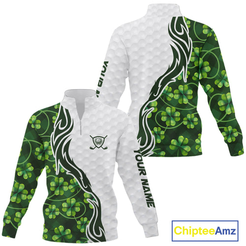 Custom White and Green shamrock pattern Quarter zip golf sweatshirt, St Patrick's day team golf top NQS11208