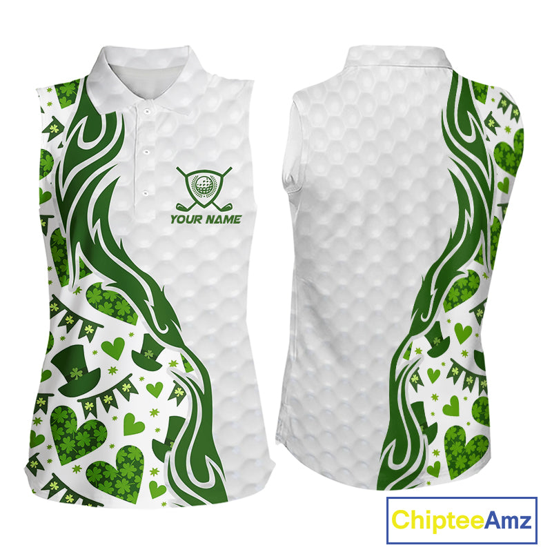 Custom White and Green St Patrick's day pattern Sleeveless Golf Polo Shirts, team ladies golf outfit NQS11209