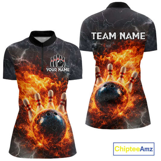 Custom Orange Flame Lightning Thunder Bowling shirts for Women, bowling team jerseys gift for bowlers NQS11618
