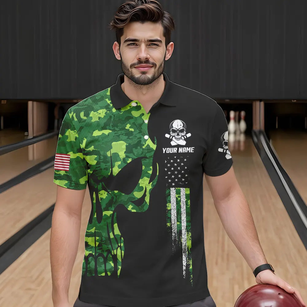 Skull Green Camouflage American Flag Mens Bowling Shirts Custom Patriotic Bowling Team Jerseys For Men NQS9641
