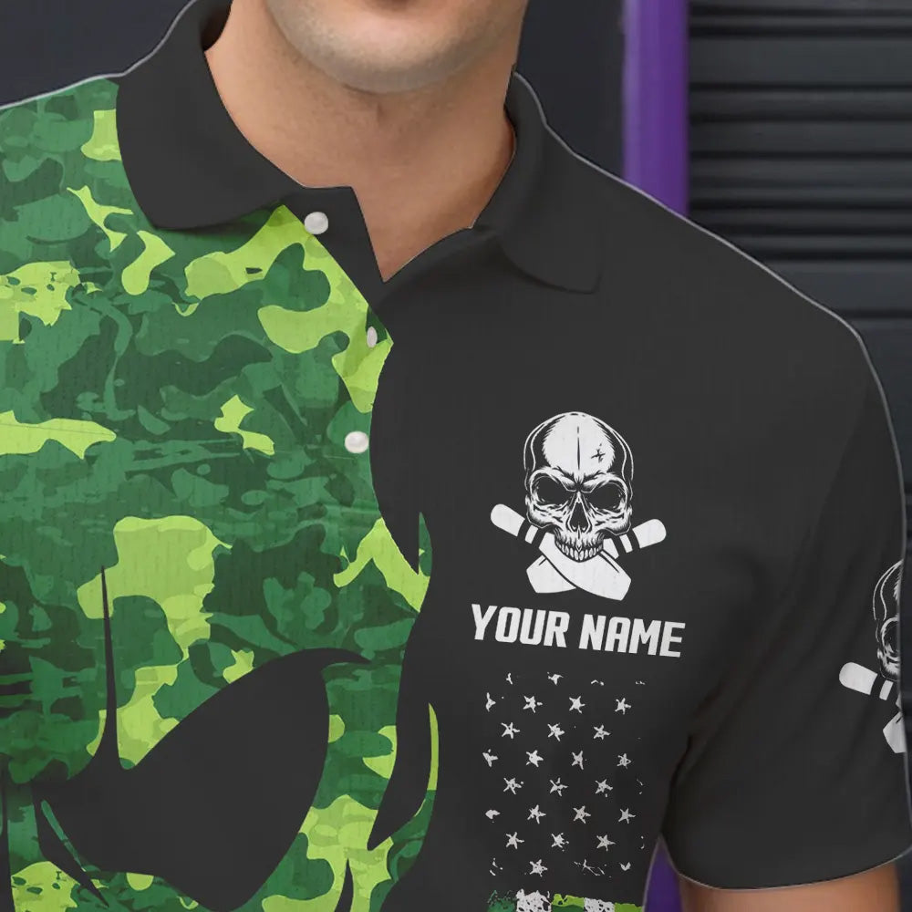 Skull Green Camouflage American Flag Mens Bowling Shirts Custom Patriotic Bowling Team Jerseys For Men NQS9641
