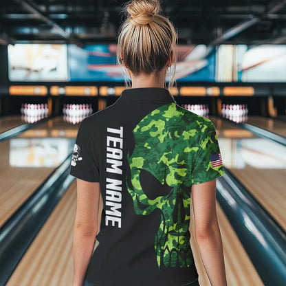 Skull Green Camouflage American Flag Women Bowling Shirt Custom Patriotic Bowling Ladies Team Jerseys NQS9641