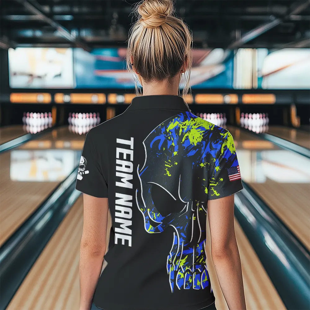 Skull Camouflage American Flag Women Bowling Shirt Custom Patriotic Bowling Ladies Team Jerseys NQS9642