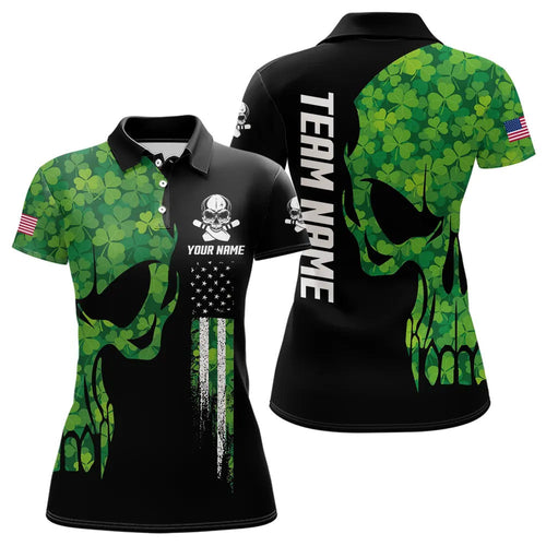 Skull Green Clover pattern American Flag Women Bowling Shirt Custom St Patrick Day Bowling Team Jersey NQS9643