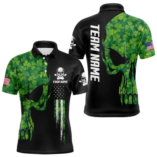 Skull Green Clover pattern American Flag Mens Bowling Shirt Custom St Patrick Day Bowling Team Jersey NQS9643
