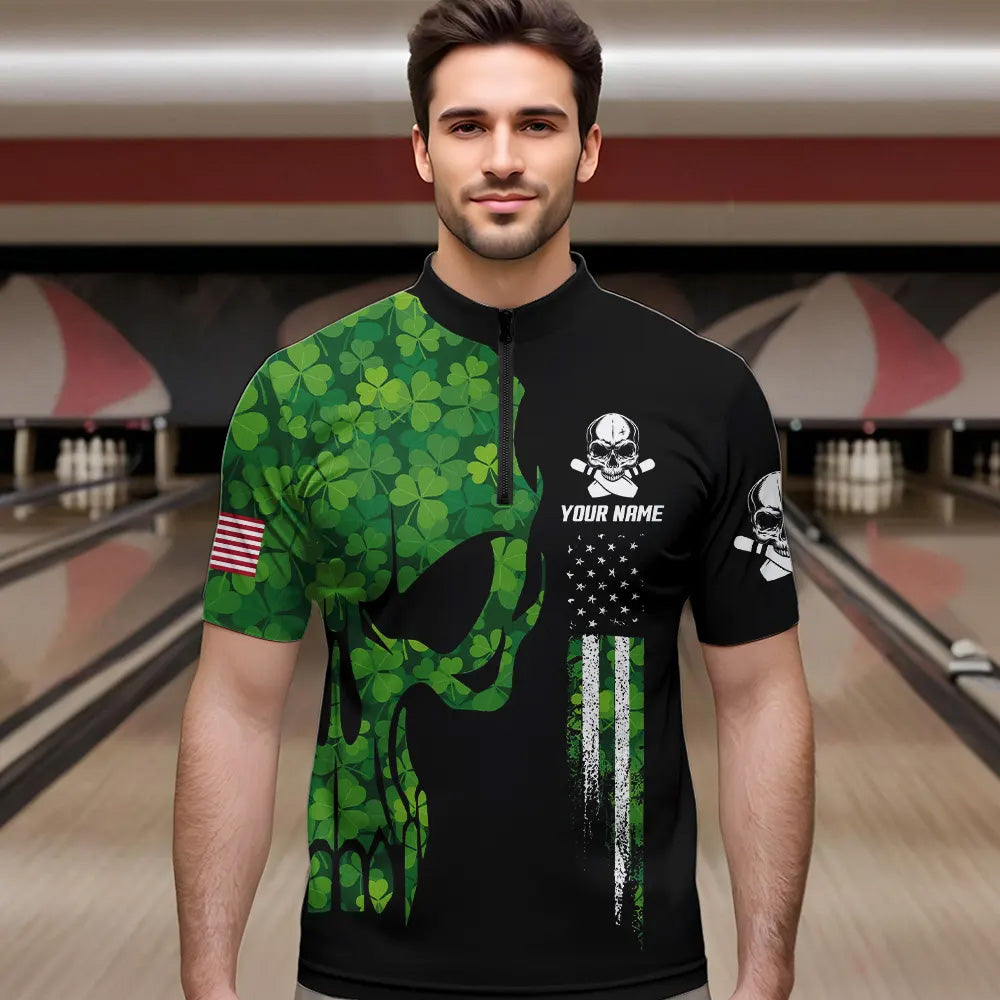 Skull Green Clover pattern American Flag Mens Bowling Shirt Custom St Patrick Day Bowling Team Jersey NQS9643