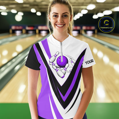 Custom bowling Quarter Zip shirts for women I'm not swearing, I'm using my bowling words purple shirt NQS7434
