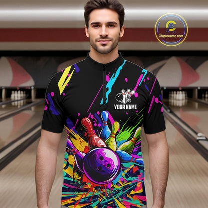 Colorful bowling jerseys Bowling Polo, 1/4 Zip Shirt for Men Custom Bowling Team shirts for bowlers NQS7597