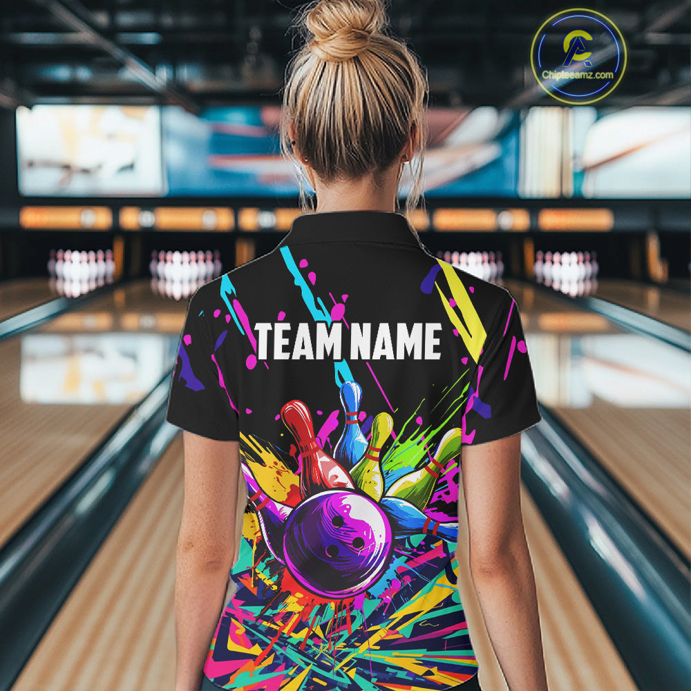 Colorful bowling jerseys Bowling Polo, 1/4 Zip Shirt for Women Custom Bowling Team shirts for bowlers NQS7597
