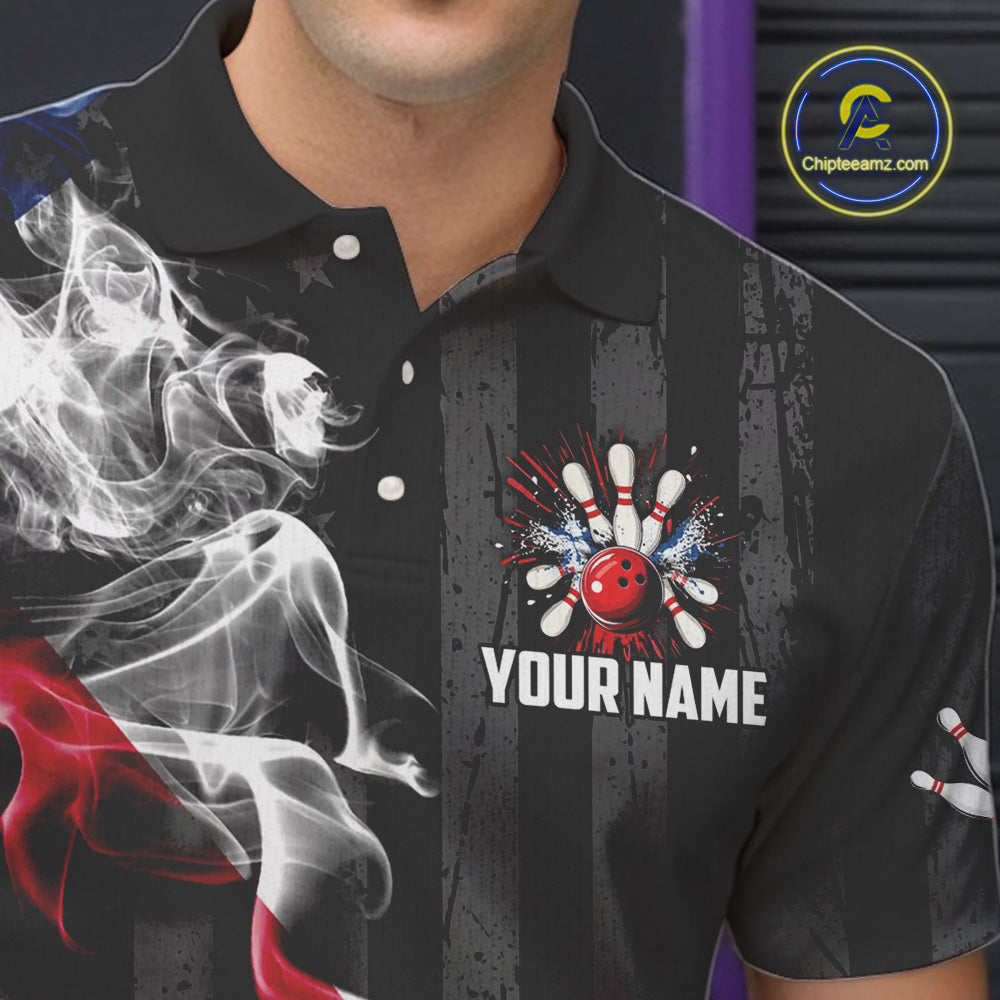Black Texas flag smoke Men Bowling Polo, Quarter Zip shirt Custom Patriotic Team Bowling Jersey NQS10402