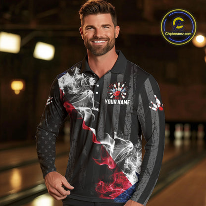 Black Texas flag smoke Men Bowling Polo, Quarter Zip shirt Custom Patriotic Team Bowling Jersey NQS10402