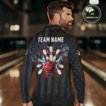 Black Texas flag smoke Men Bowling Polo, Quarter Zip shirt Custom Patriotic Team Bowling Jersey NQS10402