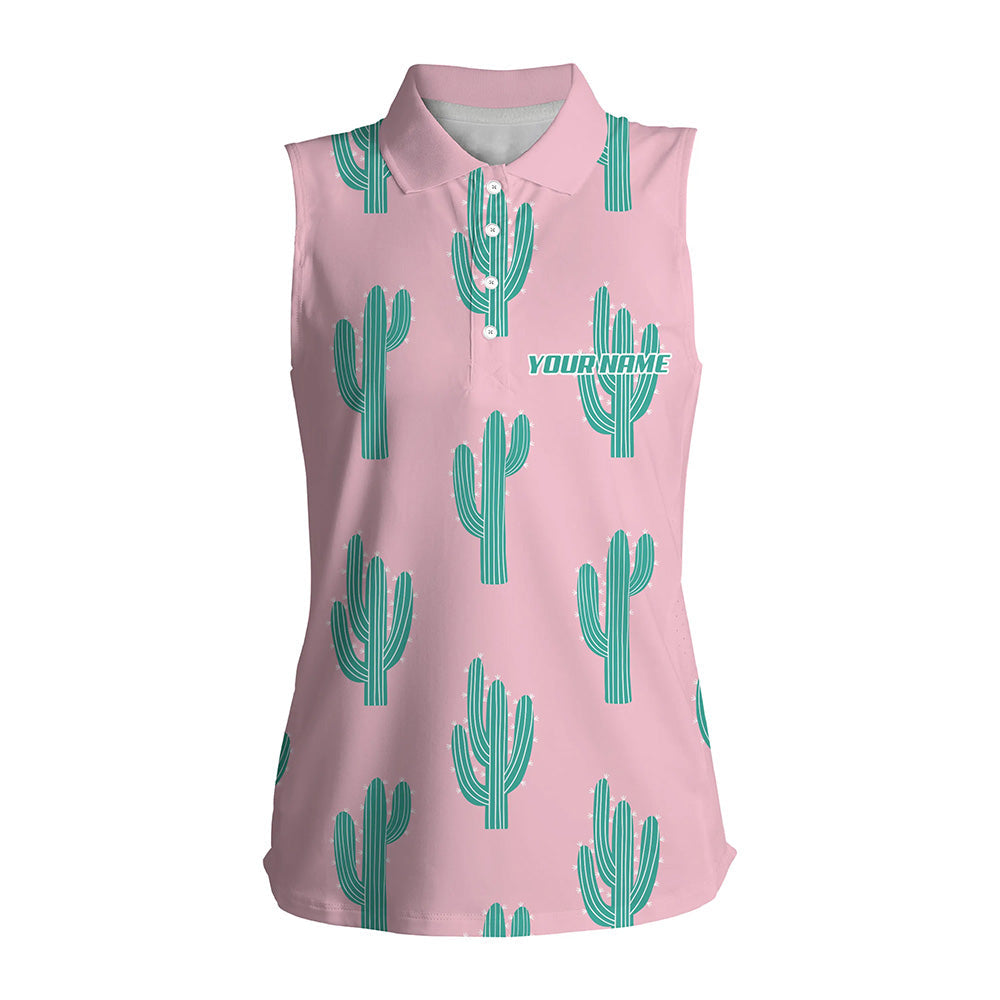 Personalized cactus pink pattern Womens Sleeveless golf polo shirts custom funny cactus golf gifts NQS8435