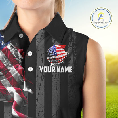 Black American flag smoke Women's Sleeveless Polo Shirt Custom Patriotic Team Golf attire NQS10615